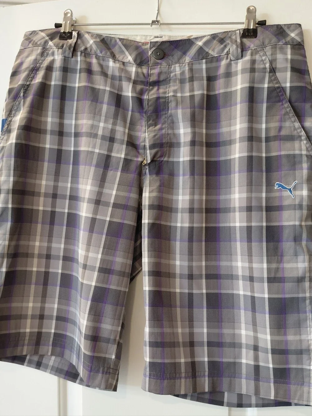 Puma Men’s Gray Plaid Golf Shorts with Purple Accent